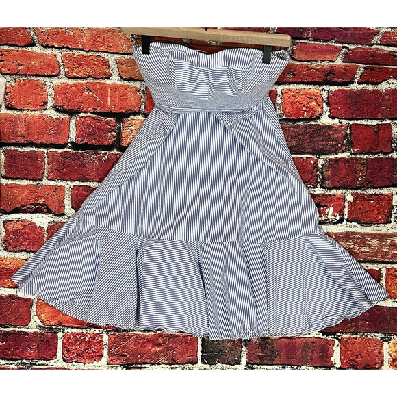 J CREW Seersucker Strapless A Line Midi Dress in Blue White Size 00 - Picture 4 of 8